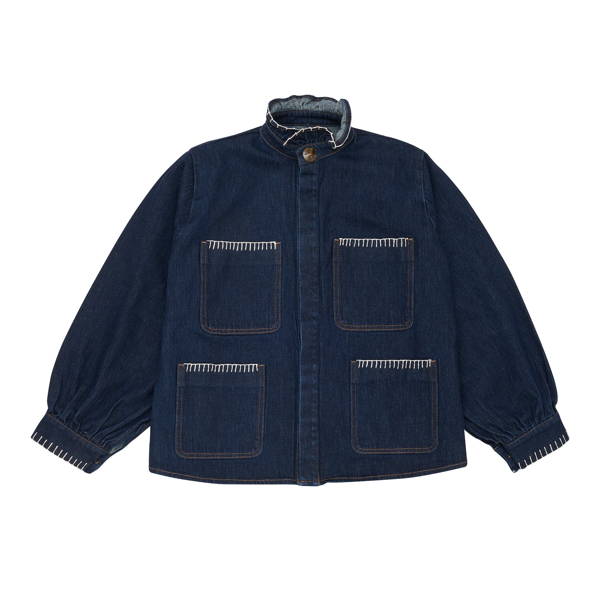 a dark blue vintage style jacket with a frill collar and our signature white blanket stitching on four large patch pockets against a white background
