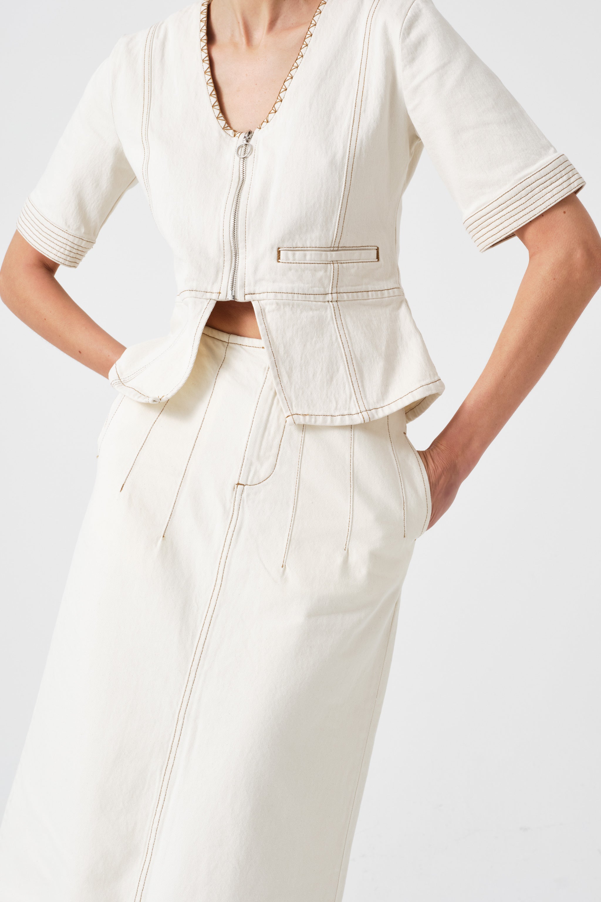 Noah Midi Denim Skirt in Ecru