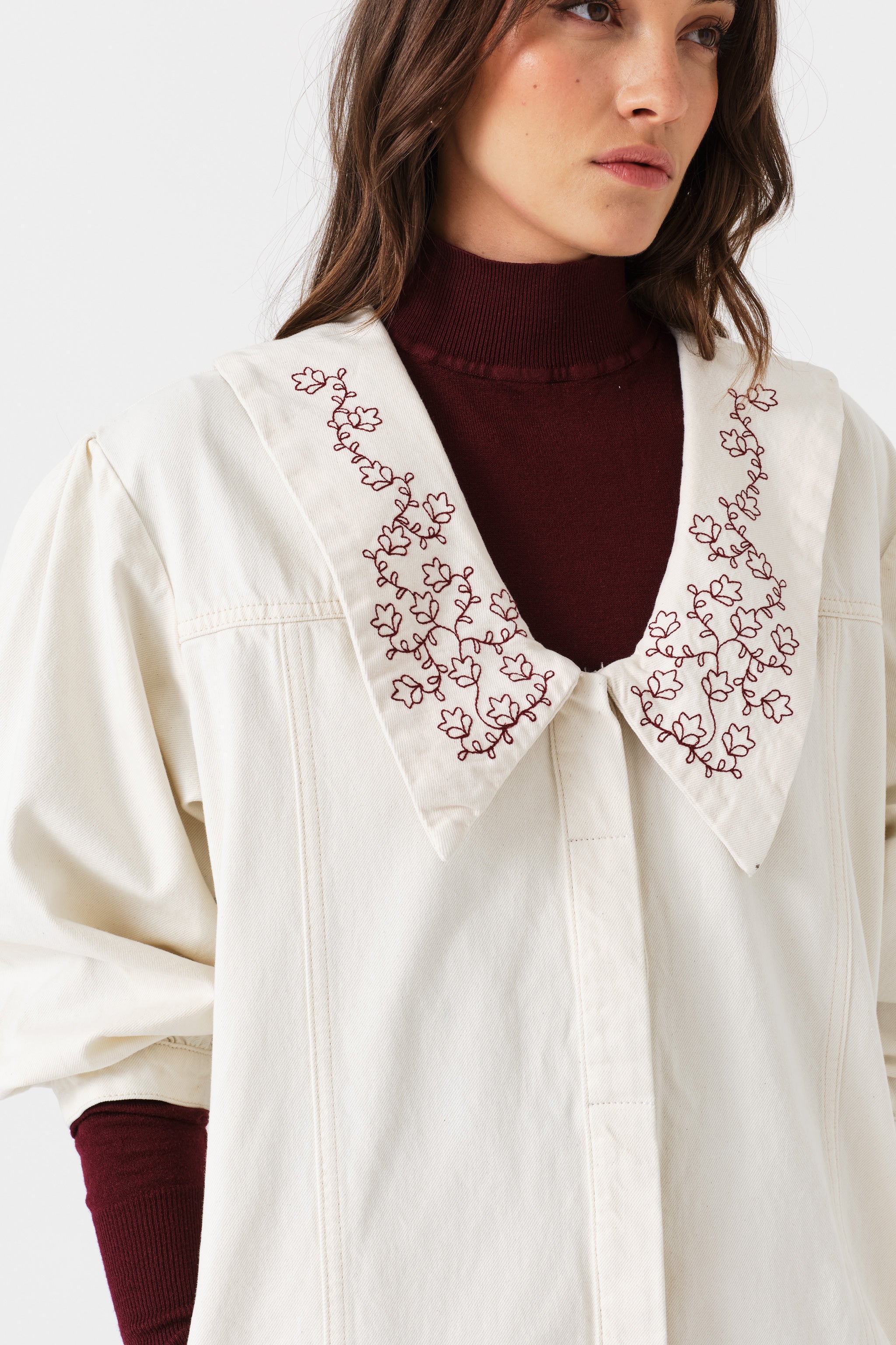 Tilly Flower-Embroidered Denim Mini Dress in Ecru