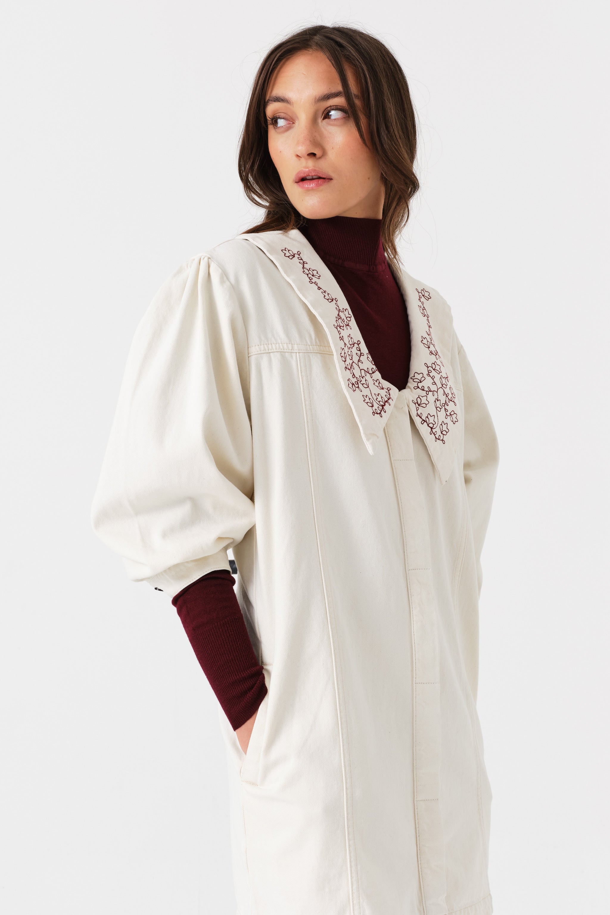 Tilly Flower-Embroidered Denim Mini Dress in Ecru