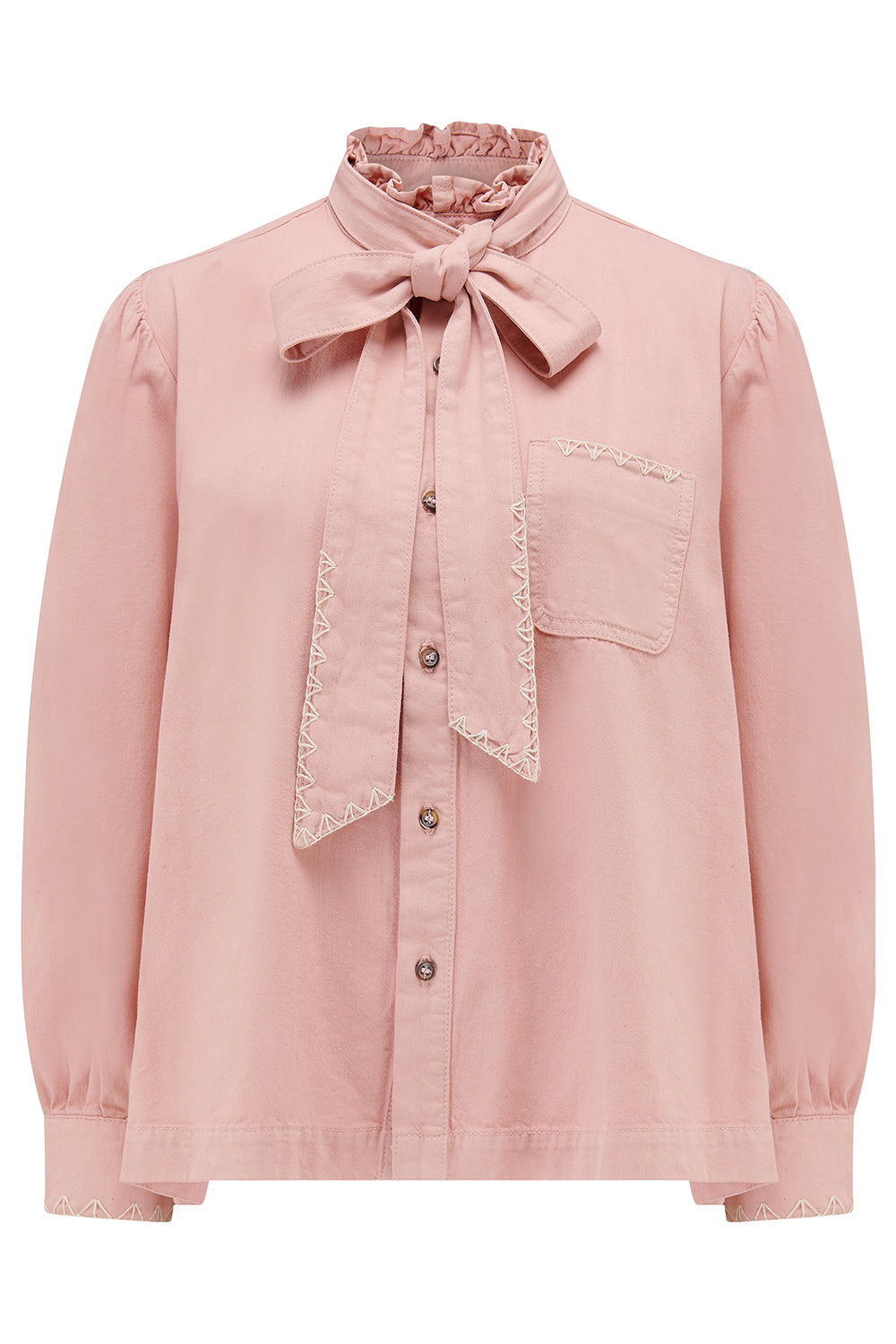 Poet Pussybow Denim Blouse in Peony Pink