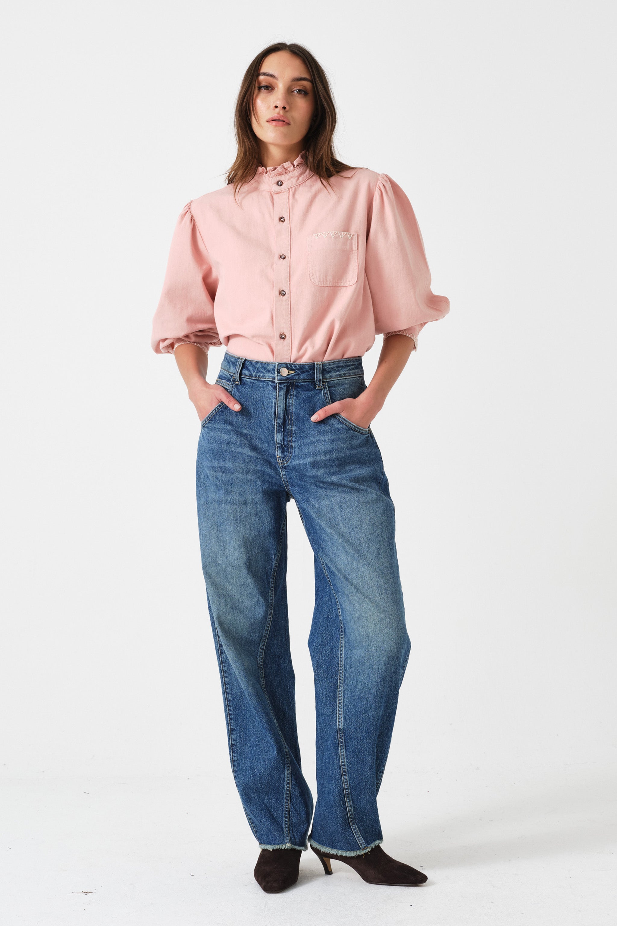 Poet Pussybow Denim Blouse in Peony Pink