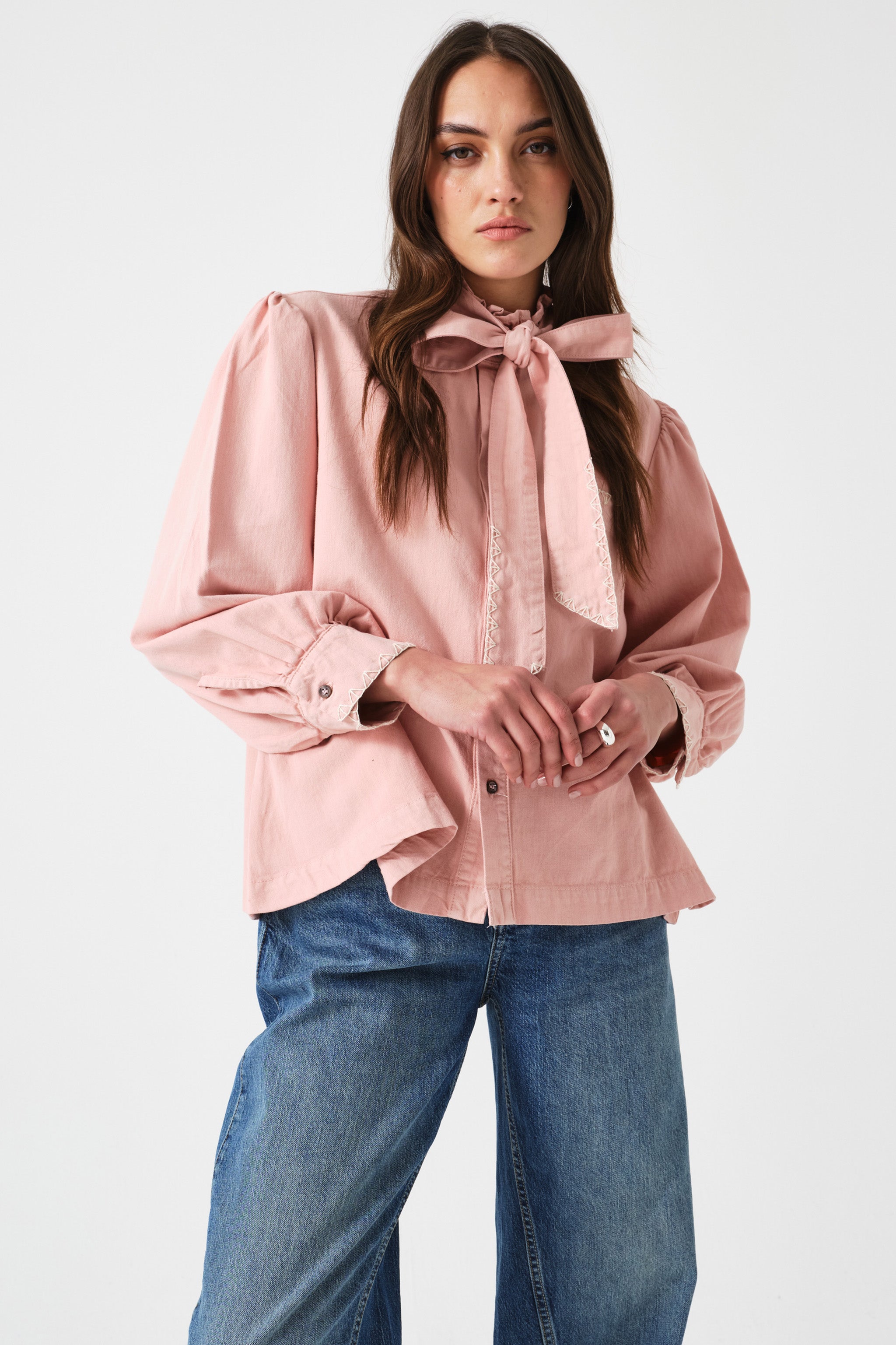 Poet Pussybow Denim Blouse in Peony Pink