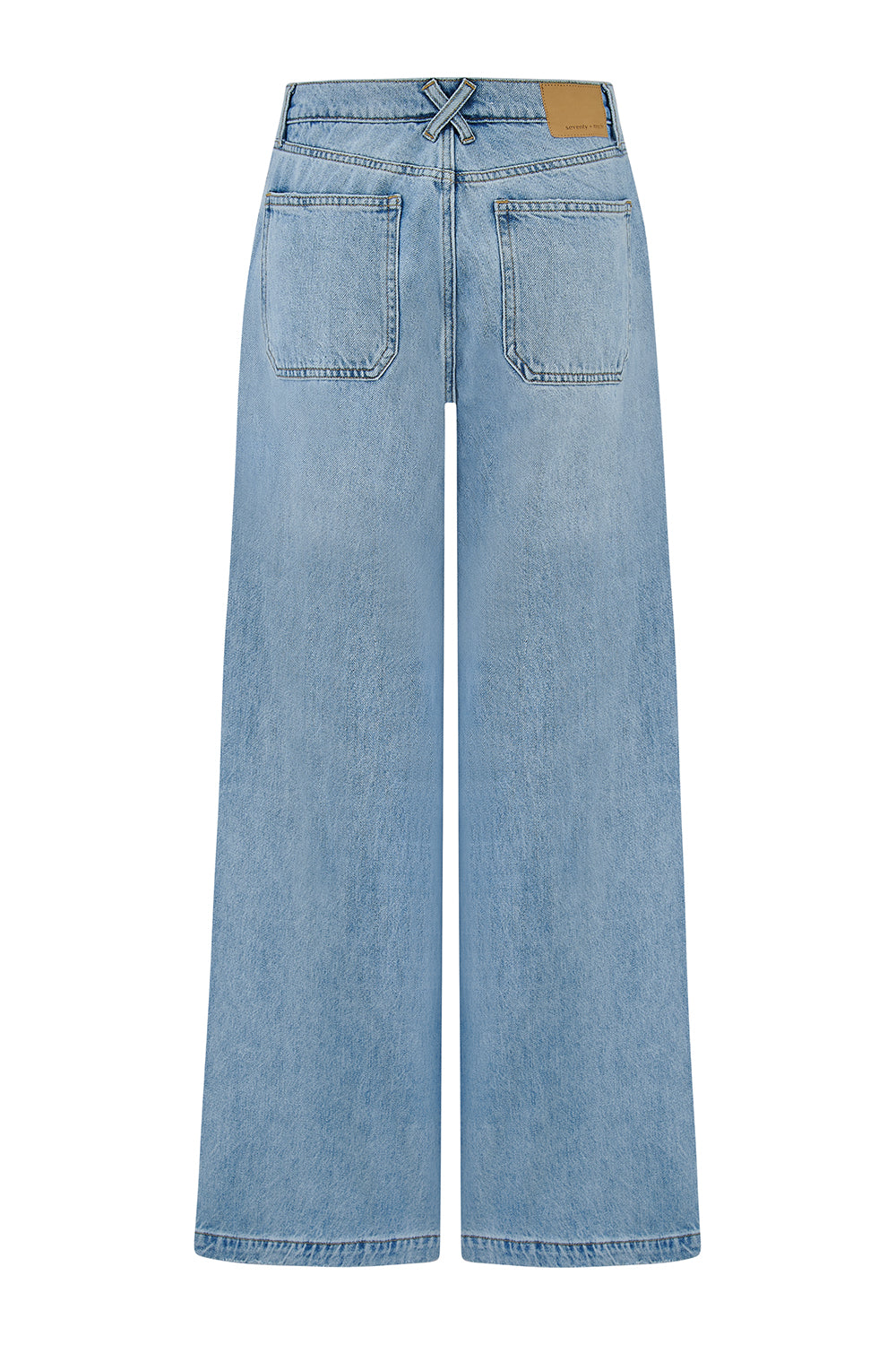 high-rise, wide-leg, light wash blue denim jean against a white background