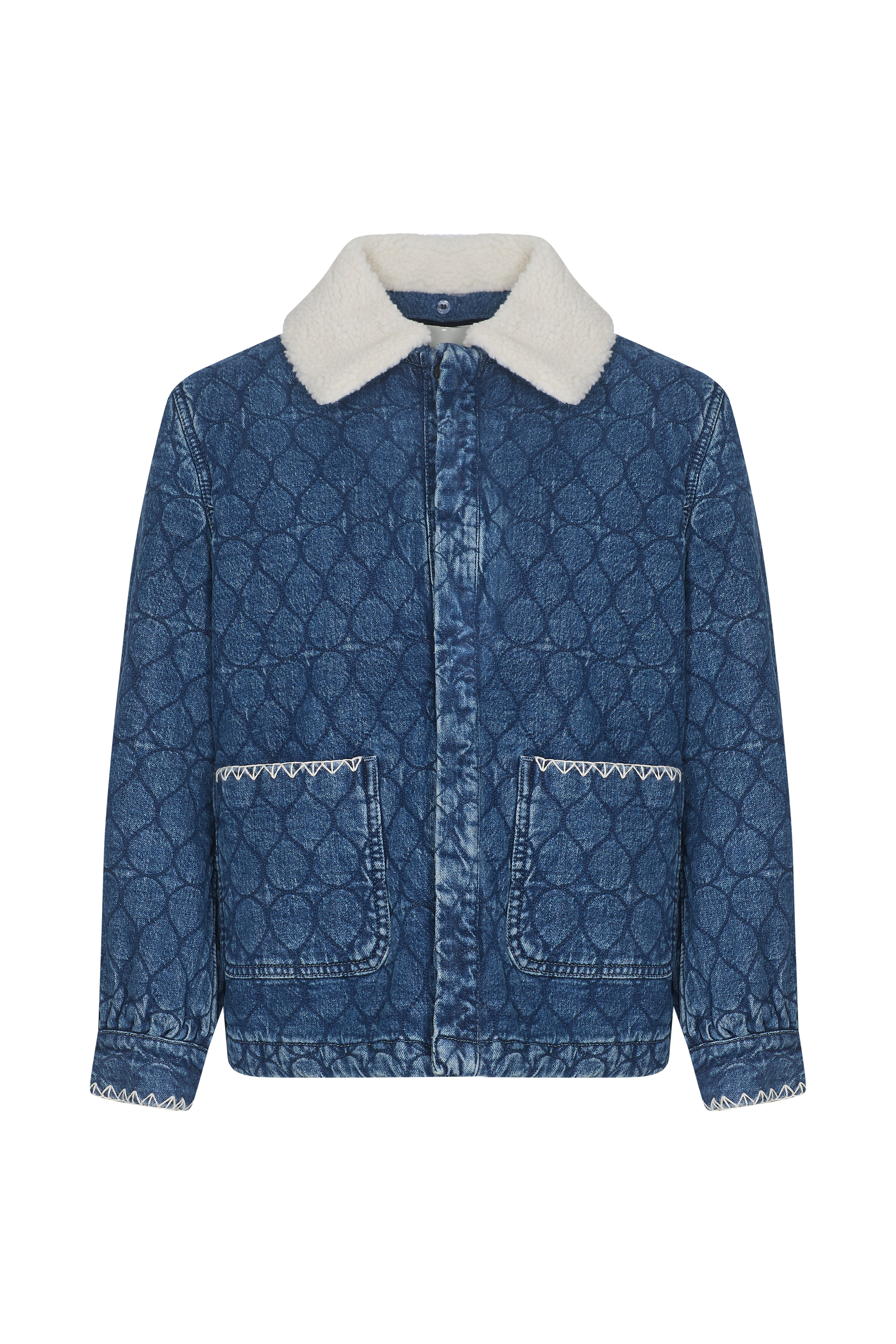 Blue quilted patterned jacket with a removable sherpa collar and large pockets on a white background