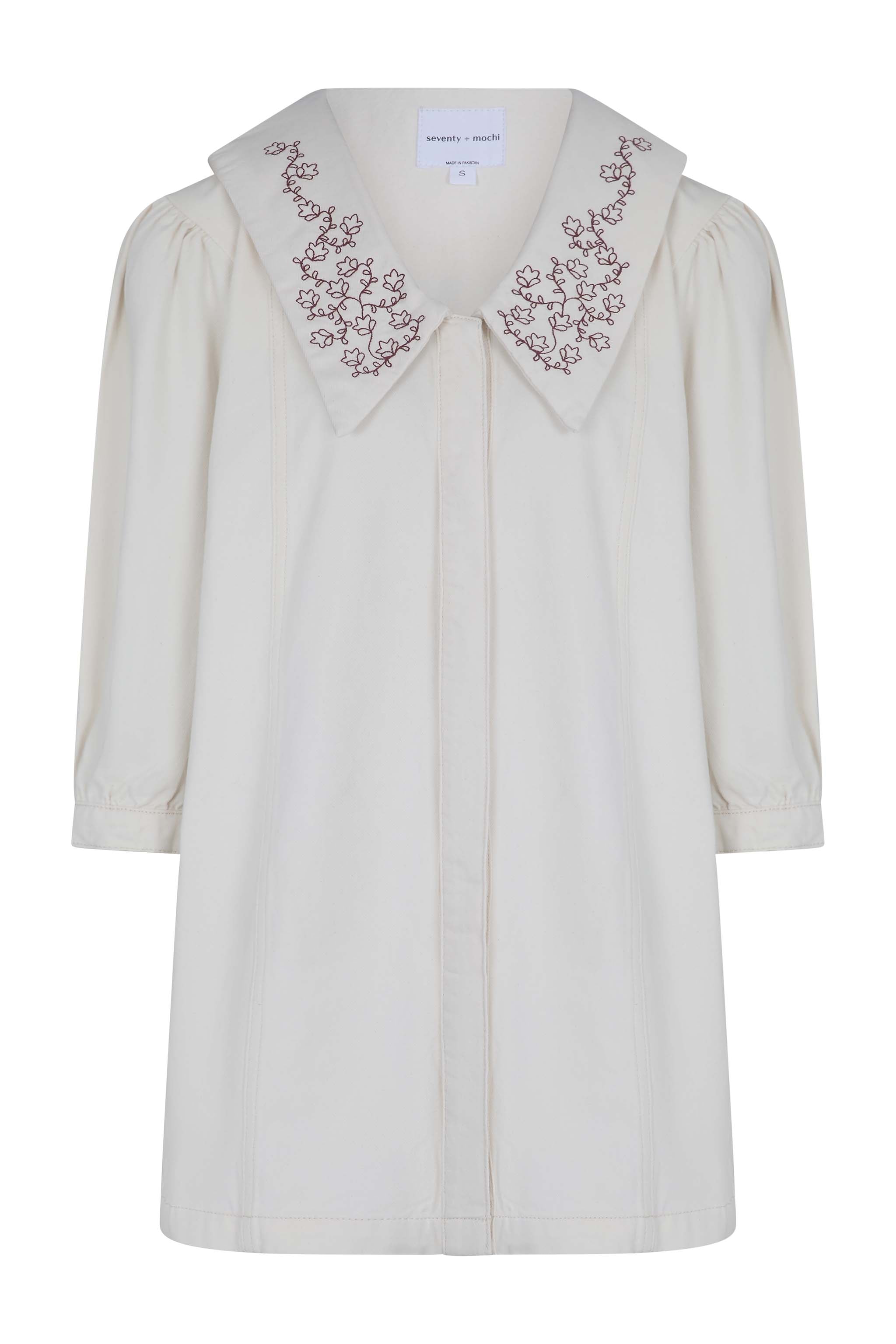 Tilly Flower-Embroidered Denim Mini Dress in Ecru