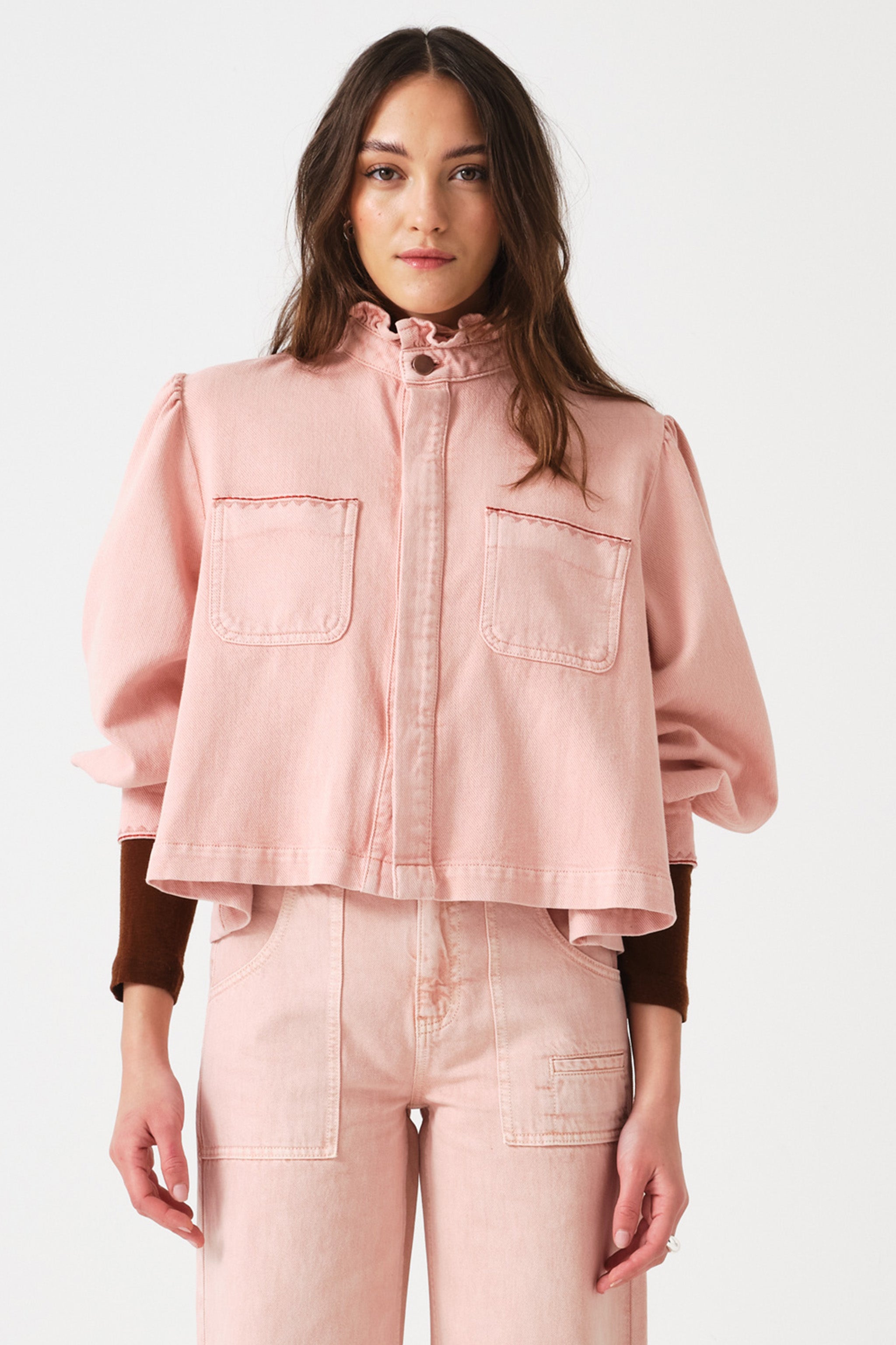 Ziggy Cropped Denim Jacket in Peony Pink