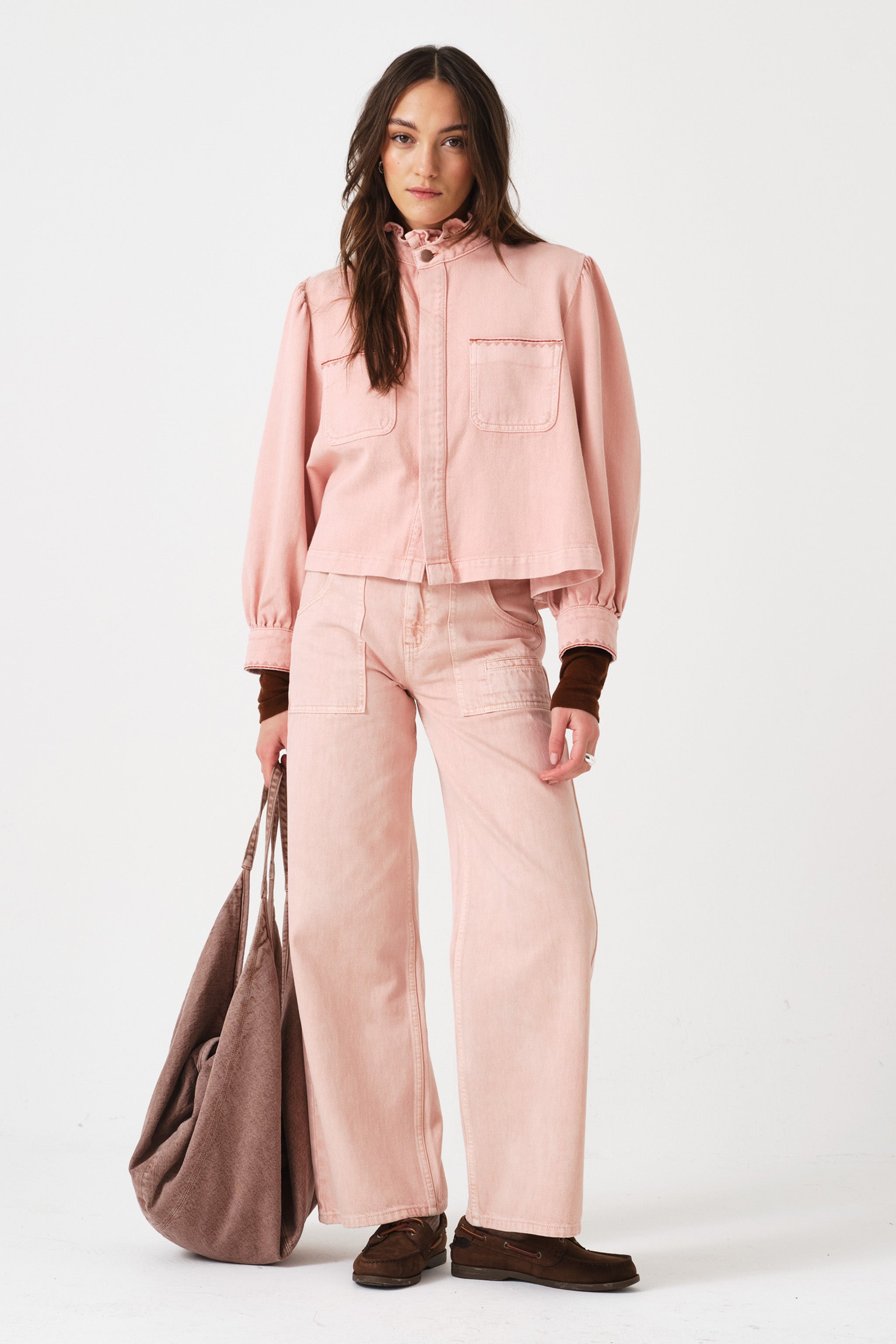 Ziggy Cropped Denim Jacket in Peony Pink